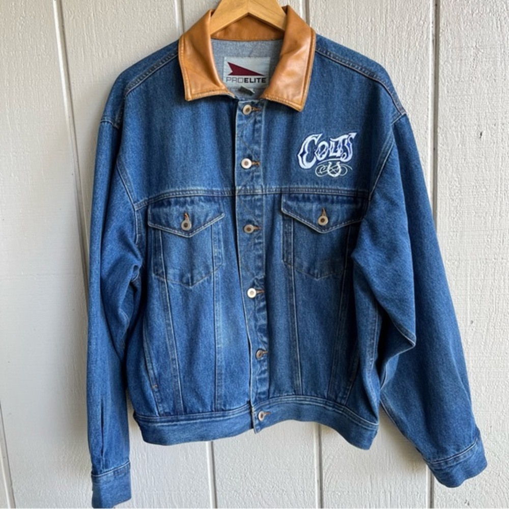 Vintage‎ 90s NFL Indianapolis Colts Jean Jacket Embroidered Leather Pro Elite M